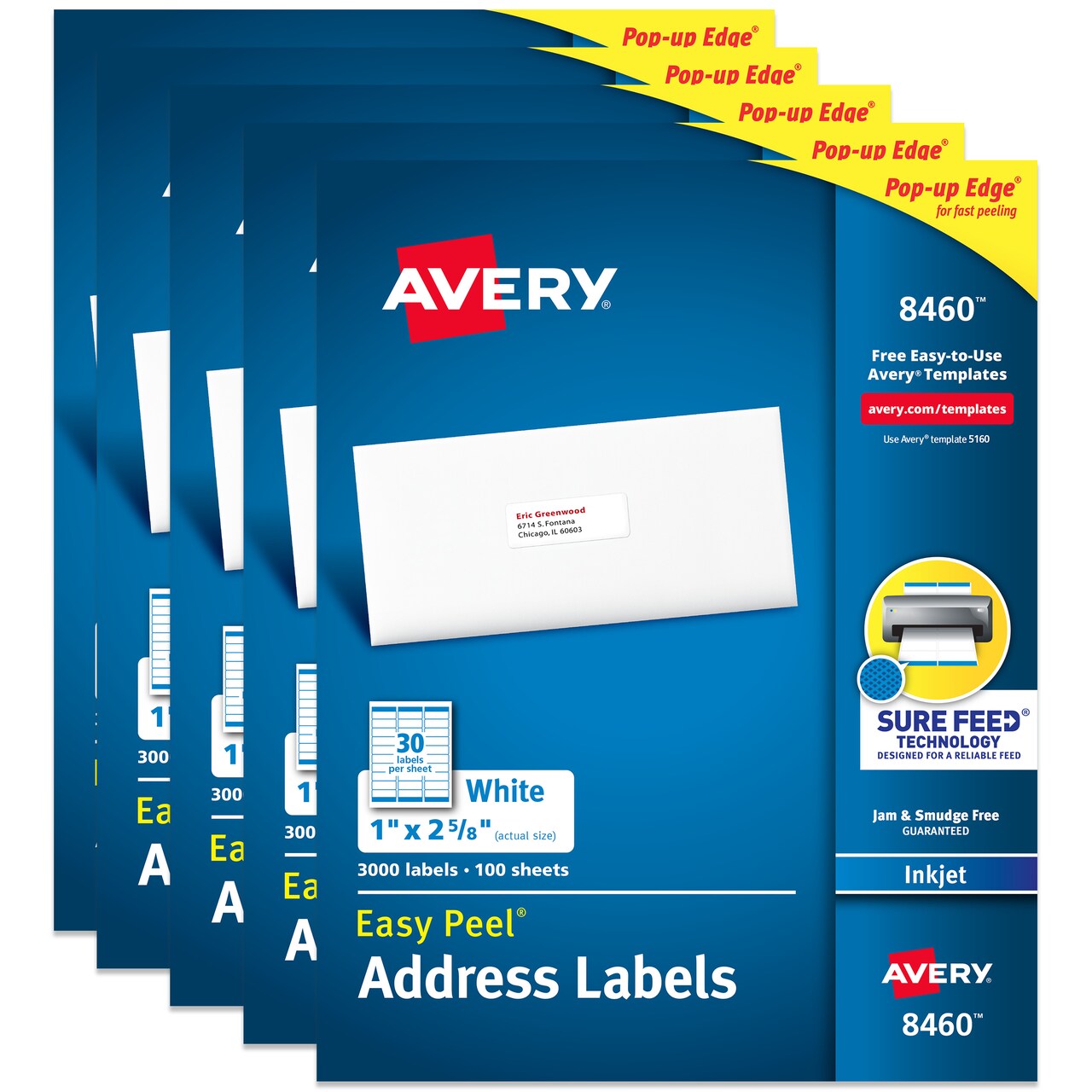 Avery Easy Peel Printable Address Labels with Sure Feed, 1" x 2-5/8" Customizable Stickers, White, 3,000 Blank Mailing Labels, Great for Mailing, Shipping, and More (8460) - 5 Pack
